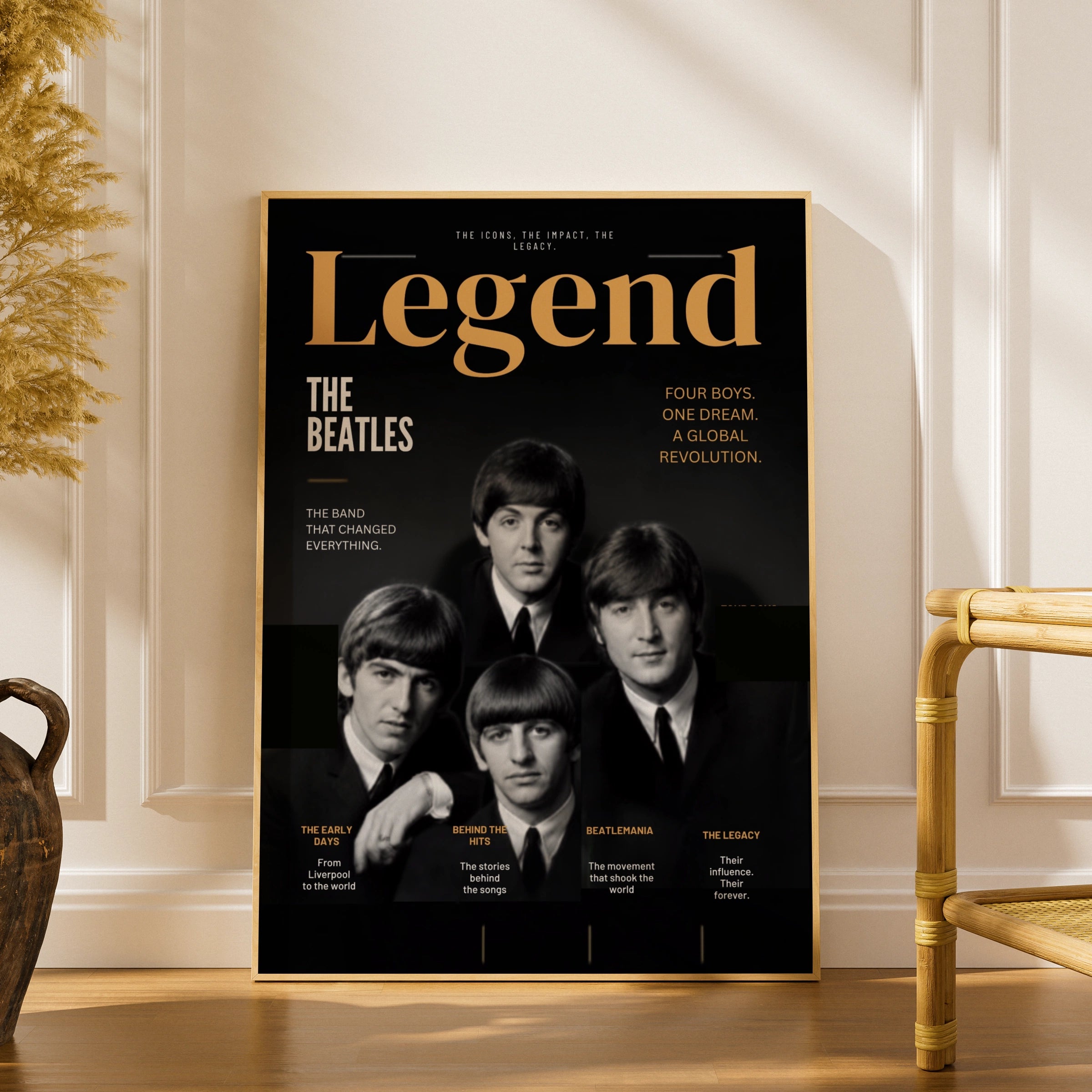 Beatles Legend Poster, Rock Music Wall Art, Black Gold Print, Music Icon Decor