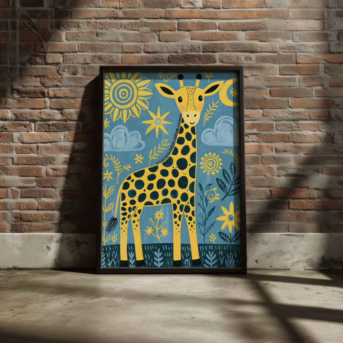 Cute Giraffe Kids Wall Art, Yellow Blue Nursery Poster, Folk Art Animal Print for Children