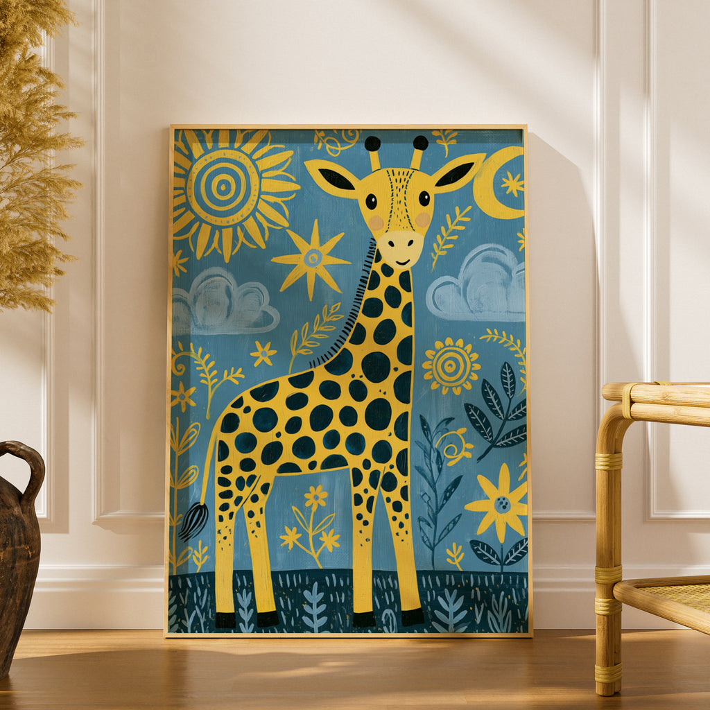Cute Giraffe Kids Wall Art, Yellow Blue Nursery Poster, Folk Art Animal Print for Children