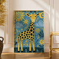 Cute Giraffe Kids Wall Art, Yellow Blue Nursery Poster, Folk Art Animal Print for Children
