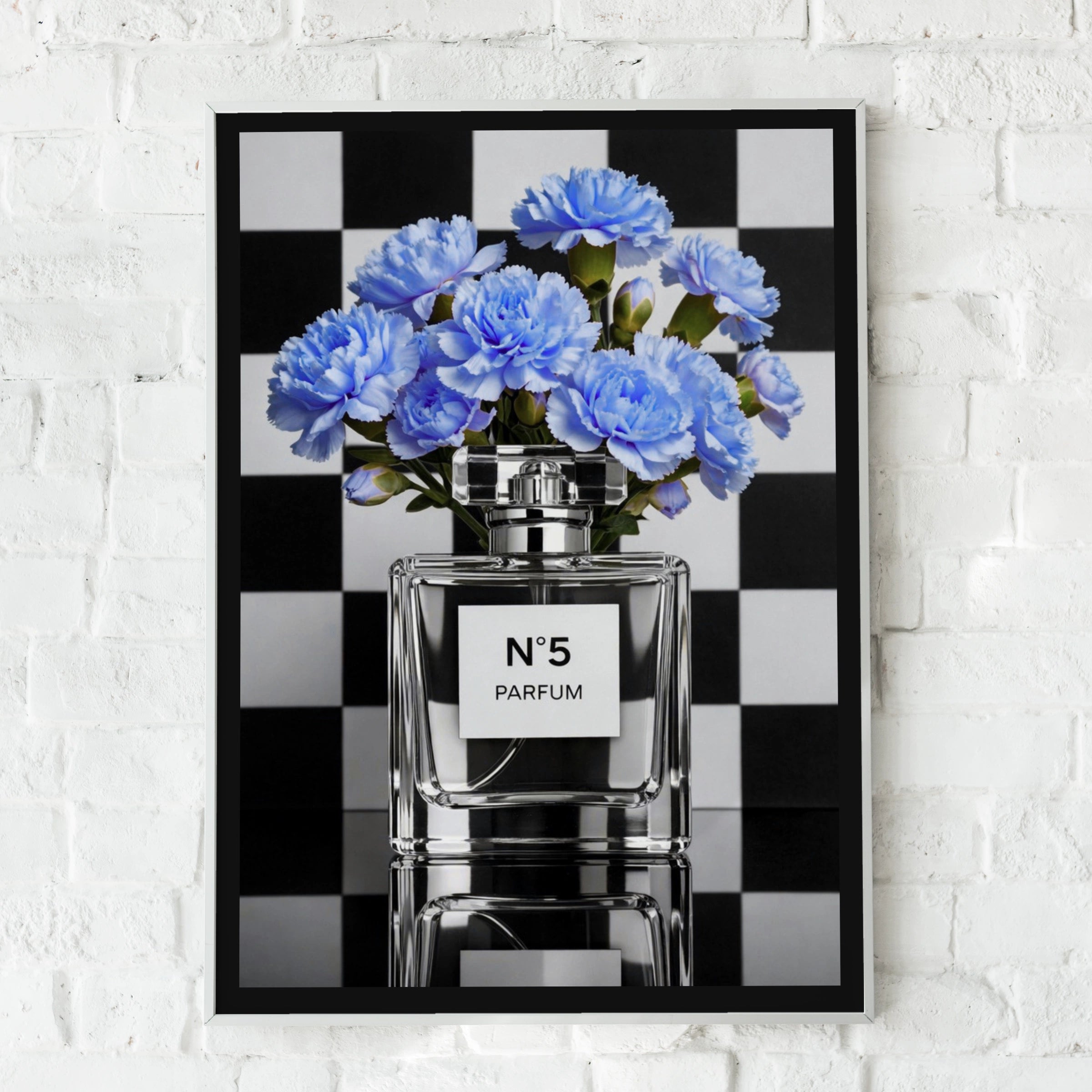 Blue Floral Perfume Bottle Poster, Chequered Fashion Wall Art Print, Glam Decor