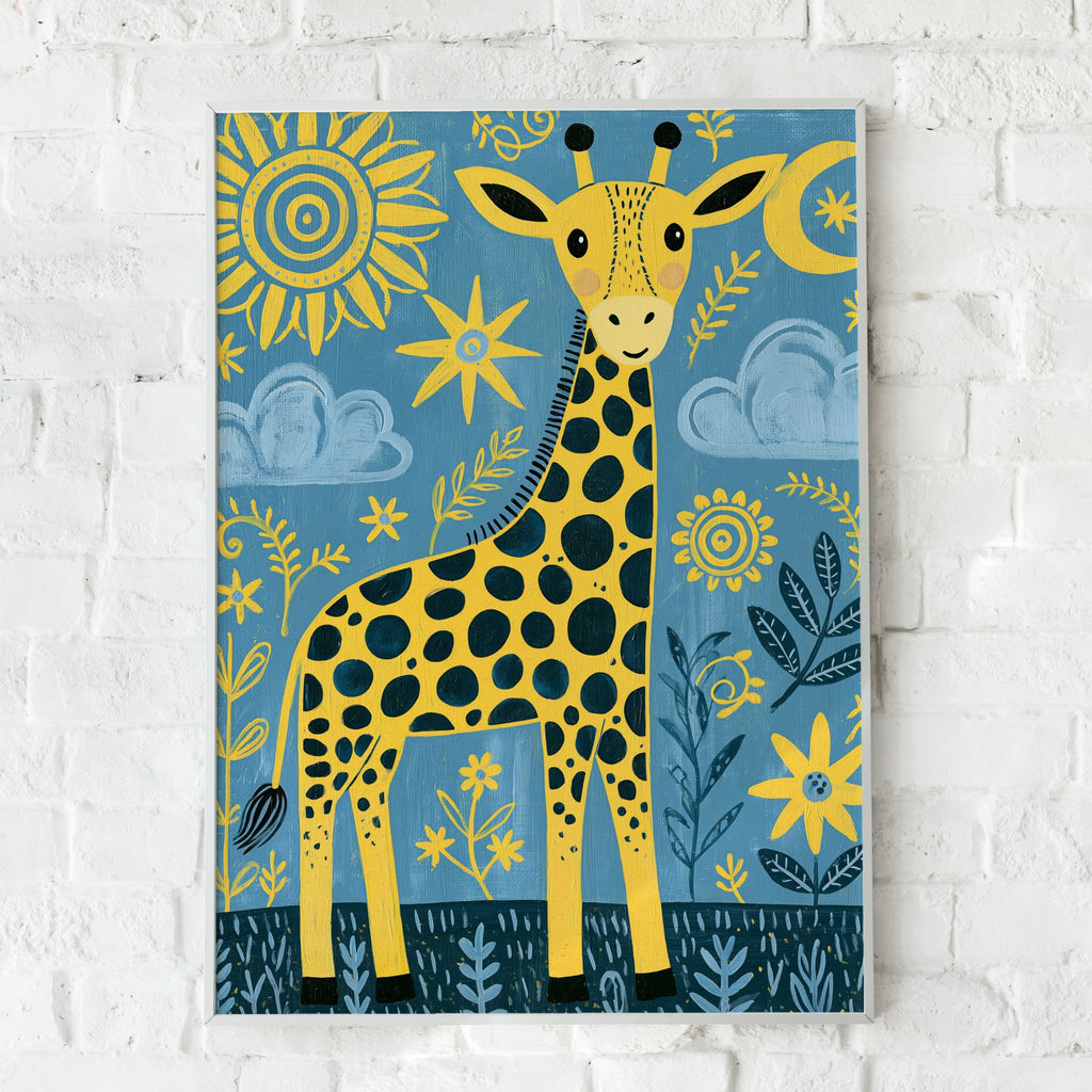 Cute Giraffe Kids Wall Art, Yellow Blue Nursery Poster, Folk Art Animal Print for Children