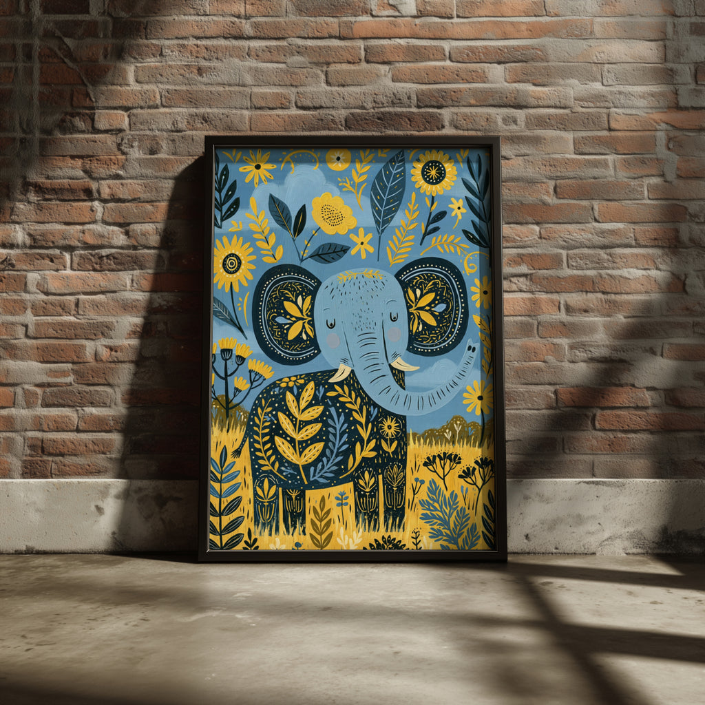 Kids Elephant Floral Wall Art, Folk Art Animal Poster, Blue Yellow Nursery Print