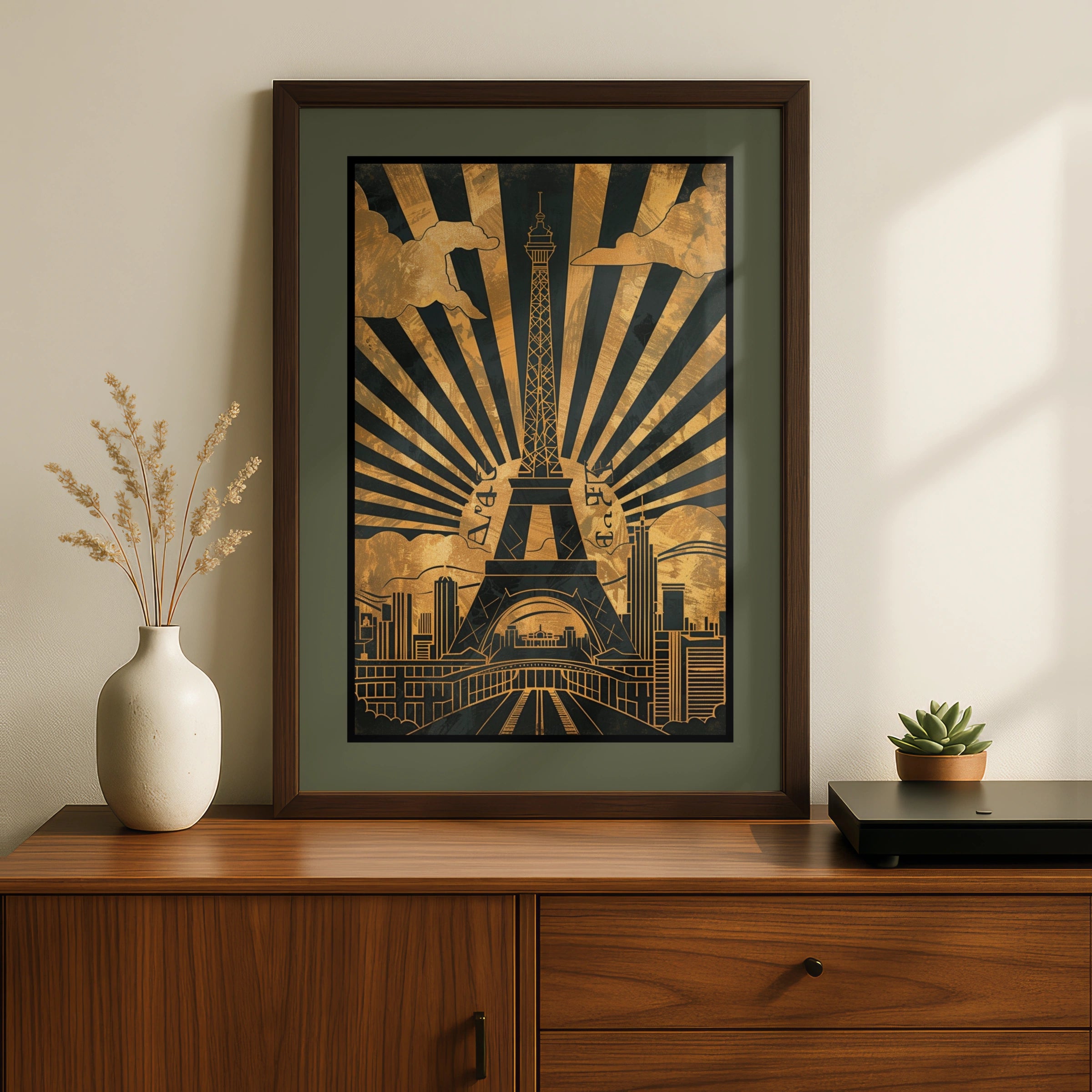 Travel Wall Art | Paris Eiffel Tower Art Deco Poster, Gold Black Vintage Wall Art Print