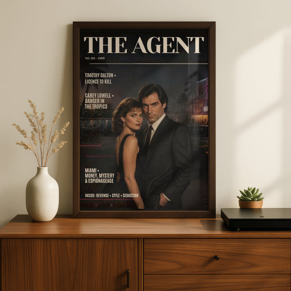 Spy Agent Magazine Cover (011)  Poster, Retro 1980s Espionage Wall Art, Dark Noir Couple Print