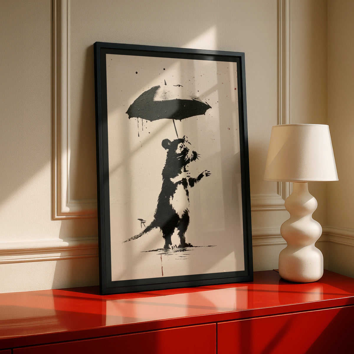 Rat With Umbrella Street Art Poster, Banksy Style Black White Urban Wall Art Print