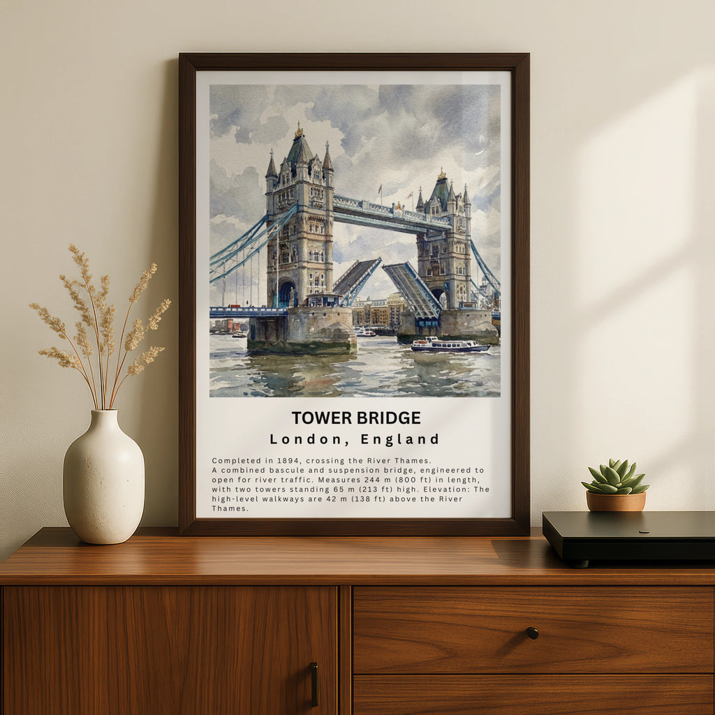 Tower Bridge London Watercolour Poster, River Thames Wall Art Print, England