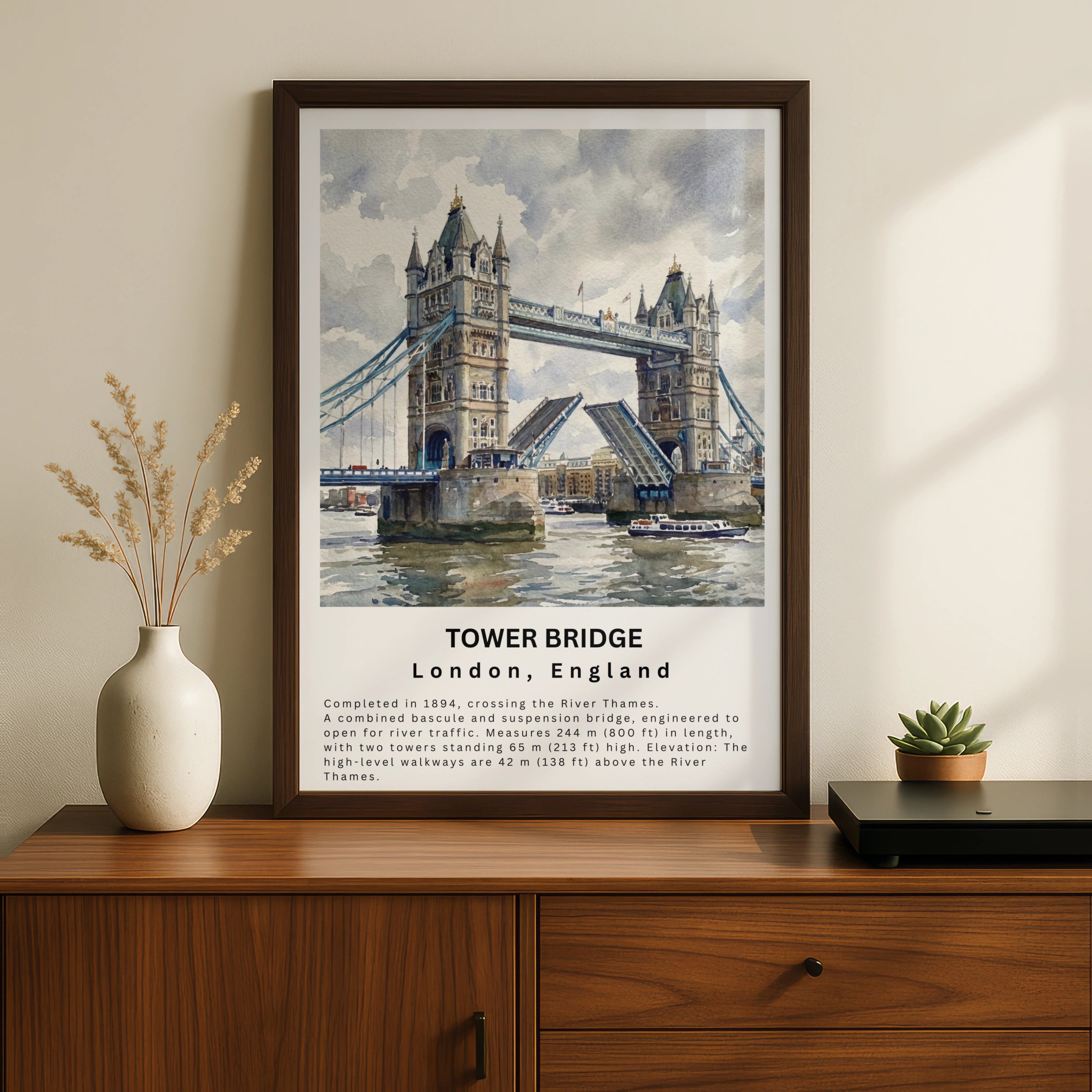 Tower Bridge London Watercolour Poster, River Thames Wall Art Print, England
