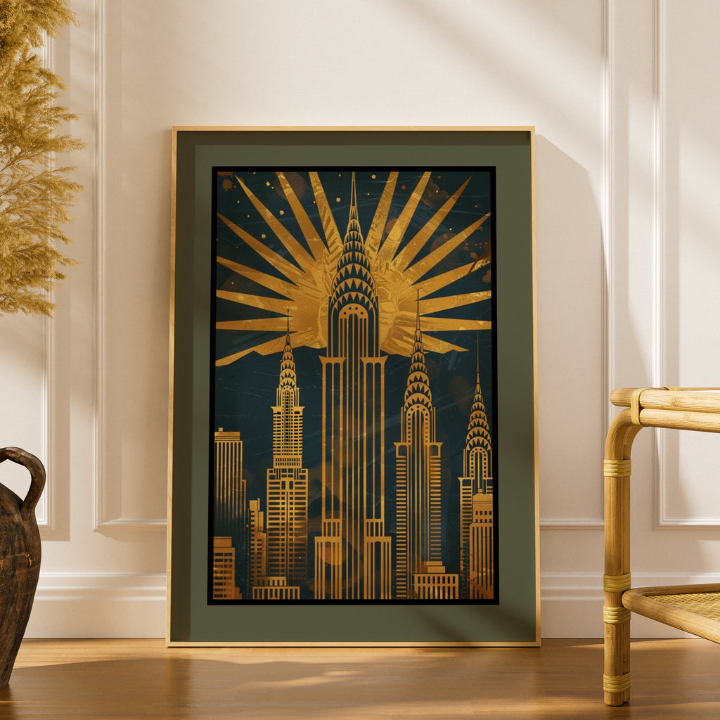 Travel Wall Art | New York Art Deco Poster, Chrysler Building Gold Navy Skyline Wall Art Print