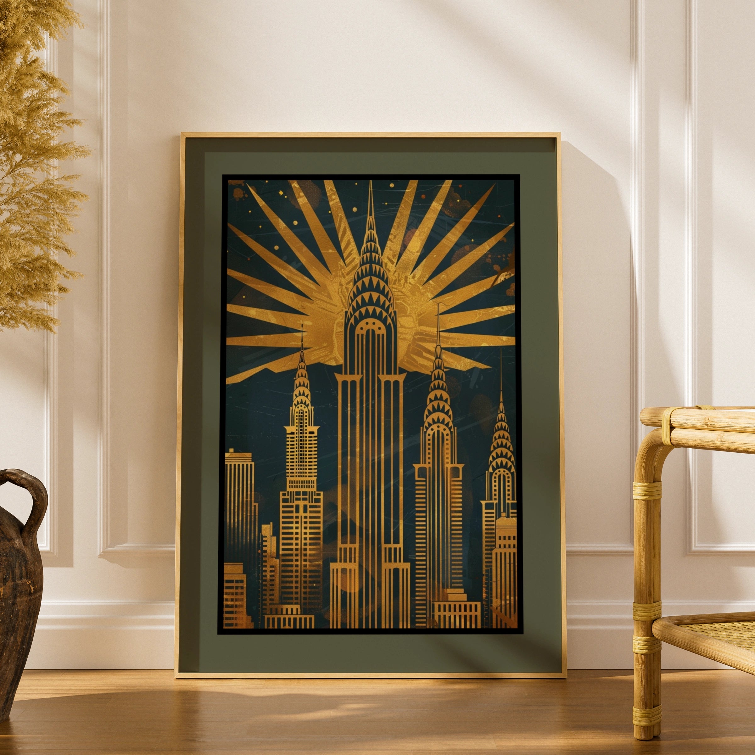 Travel Wall Art | New York Art Deco Poster, Chrysler Building Gold Navy Skyline Wall Art Print