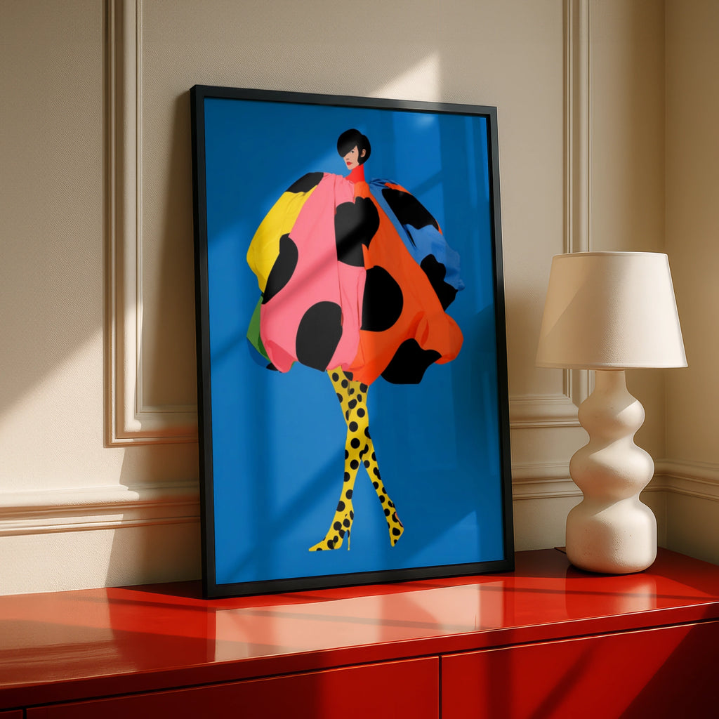 Polka Dot Fashion Illustration Poster, Bold Blue Wall Art, Colourful Figure Print