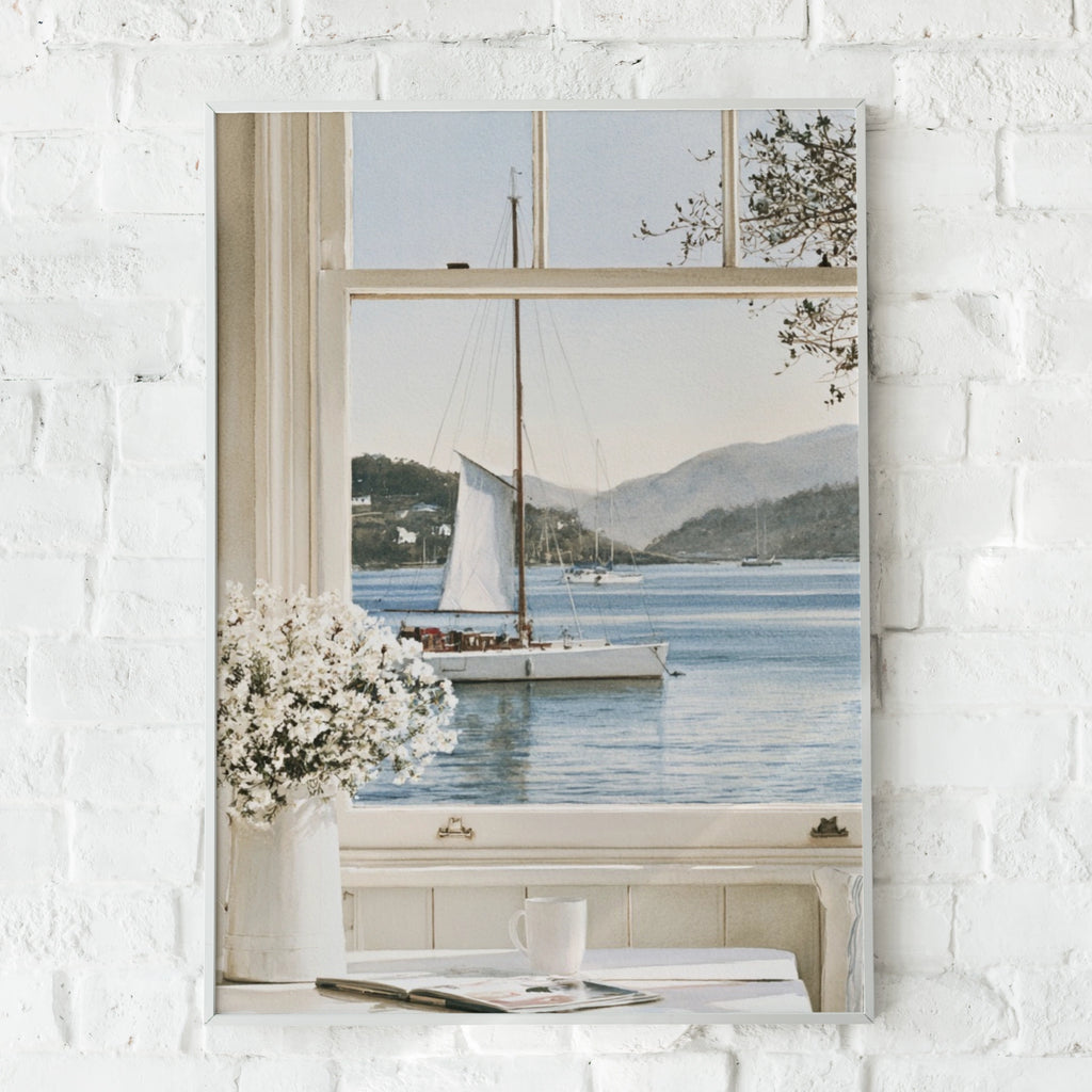Watercolour Window Sailboat Print, Coastal Bay Wall Art, Nautical Poster, Cottage