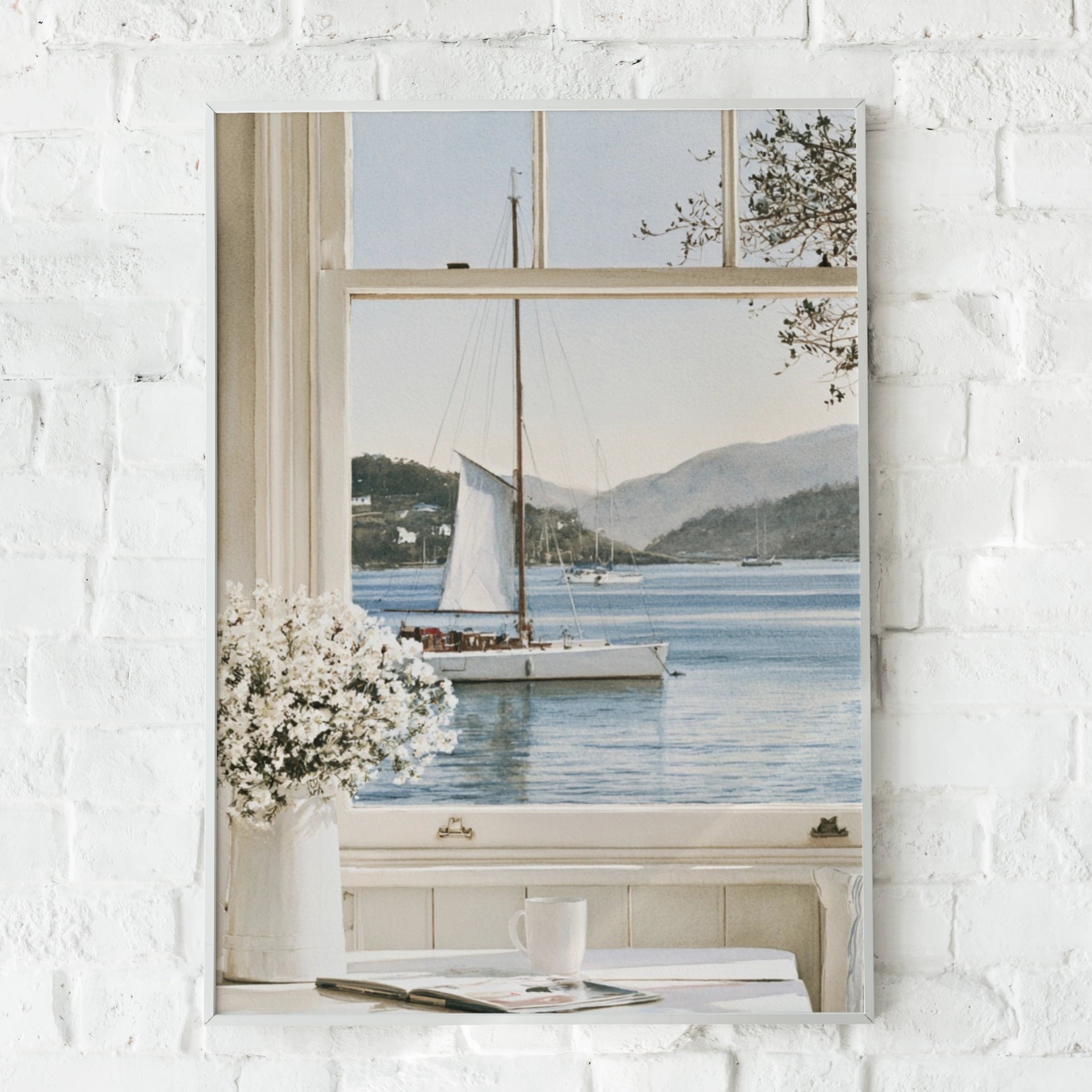 Watercolour Window Sailboat Print, Coastal Bay Wall Art, Nautical Poster, Cottage