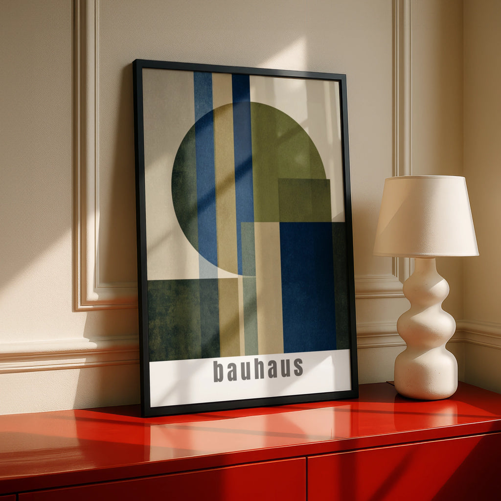 Bauhaus Geometric Poster, Navy Blue Olive Green Abstract Wall Art Print, Minimalist