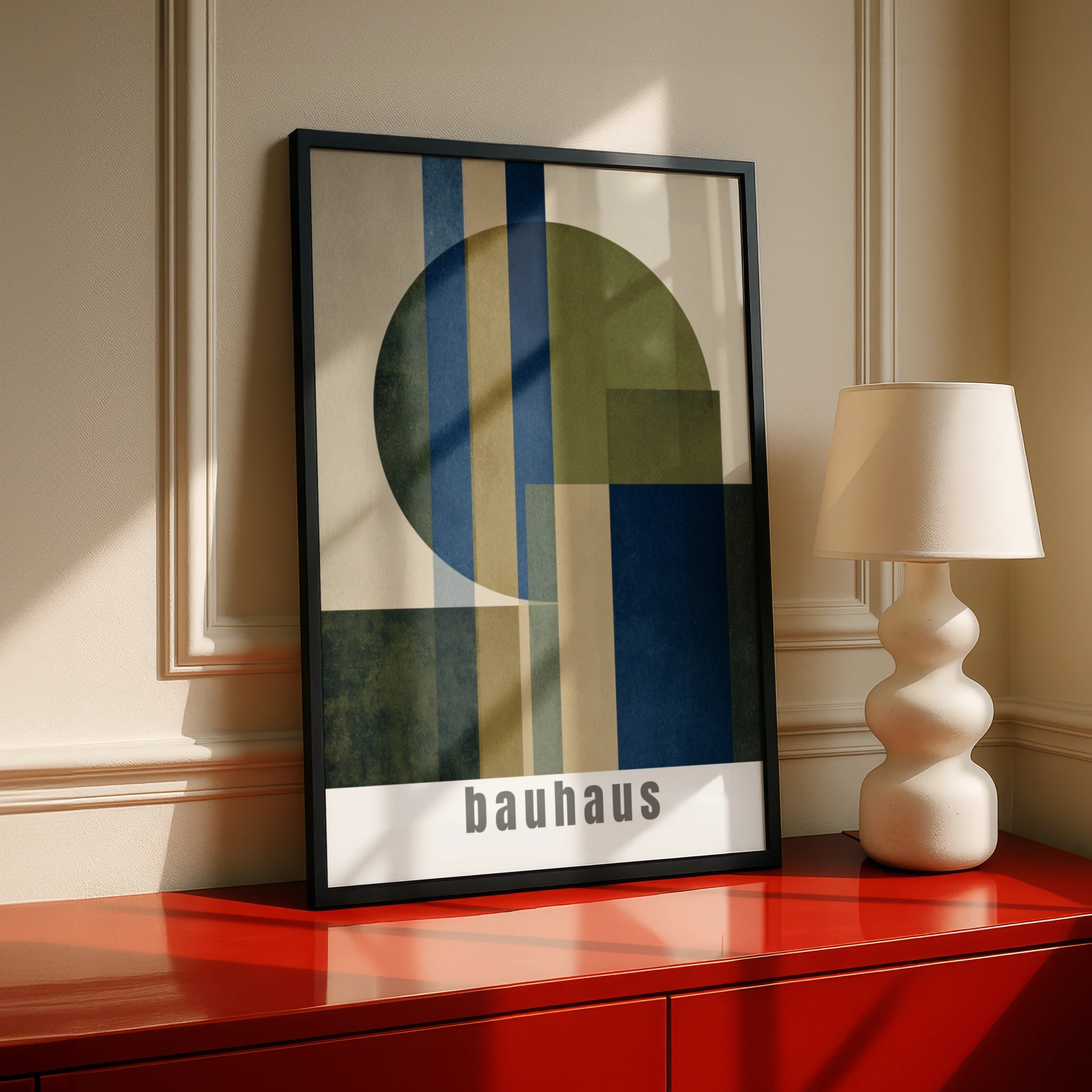 Bauhaus Geometric Poster, Navy Blue Olive Green Abstract Wall Art Print, Minimalist