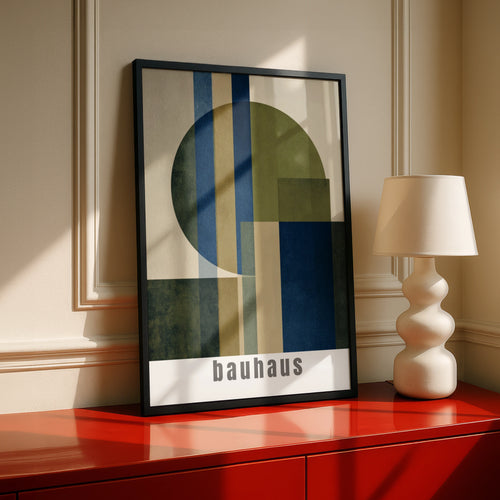 Bauhaus Geometric Poster, Navy Blue Olive Green Abstract Wall Art Print, Minimalist