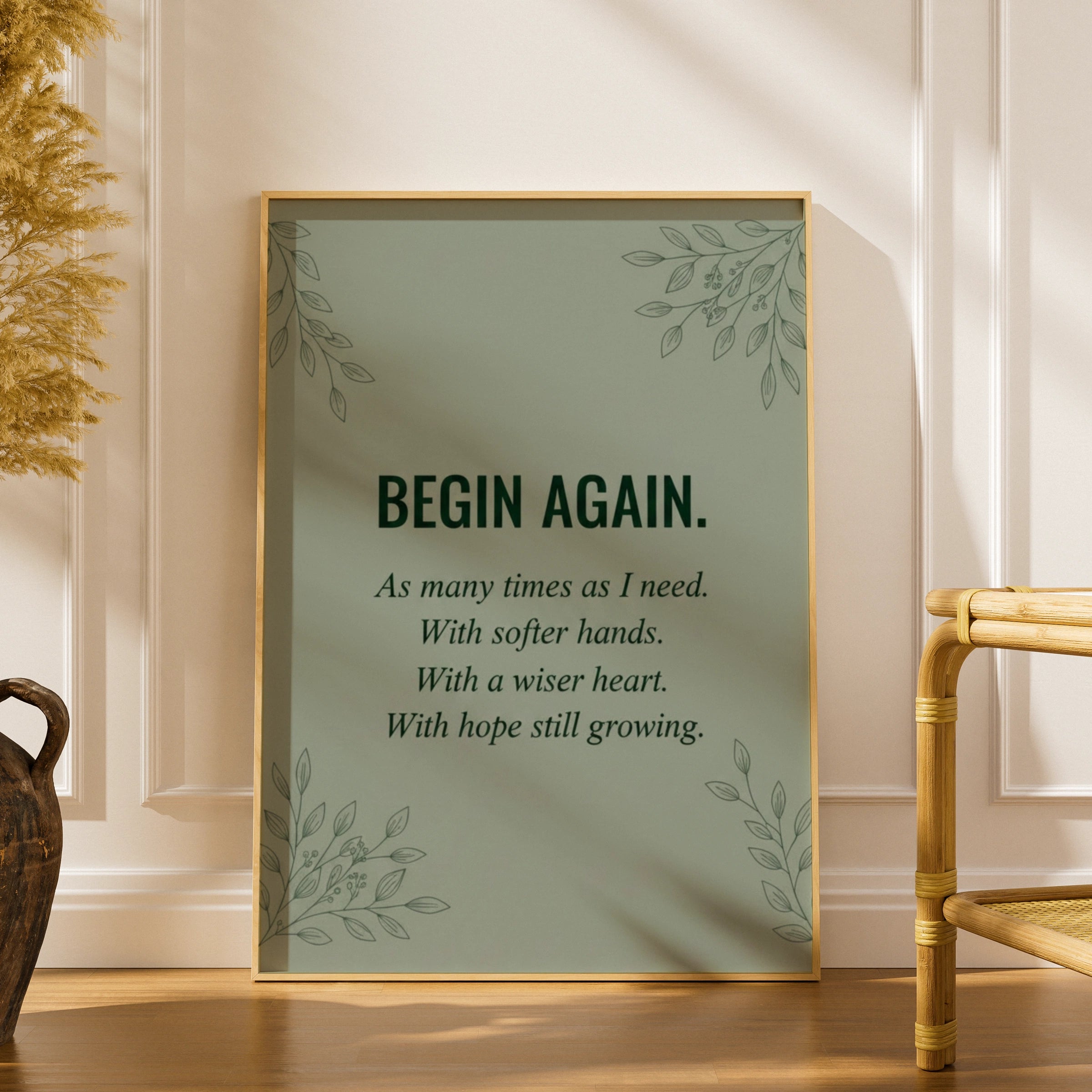 Begin Again Quote Poster, Sage Green Botanical Wall Art, Motivational Print for Home