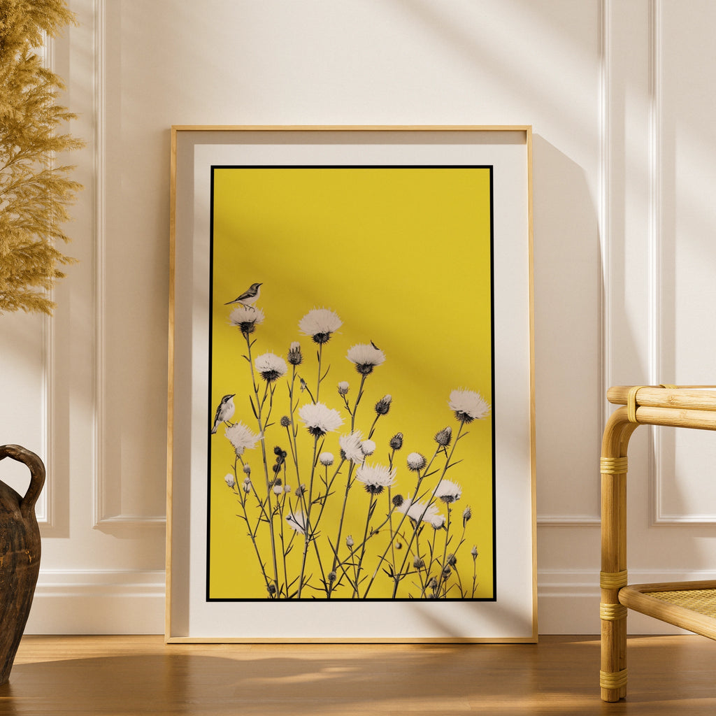 Botanical Wall Art | Yellow Bird Wildflower Poster,  Thistle Print, Nature Decor