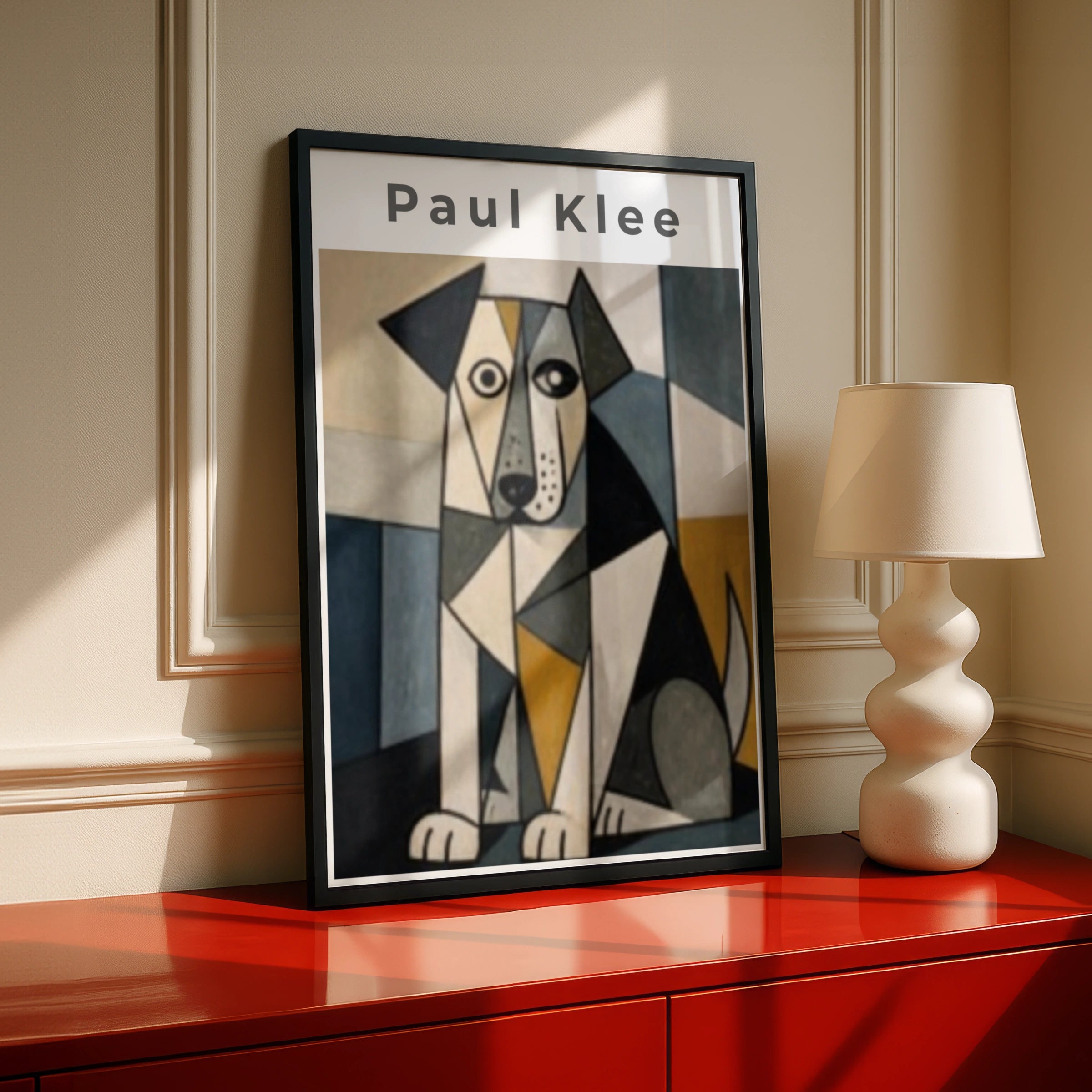 Paul Klee Cubist Dog Poster, Abstract Geometric Animal Wall Art, Blue Mustard Print