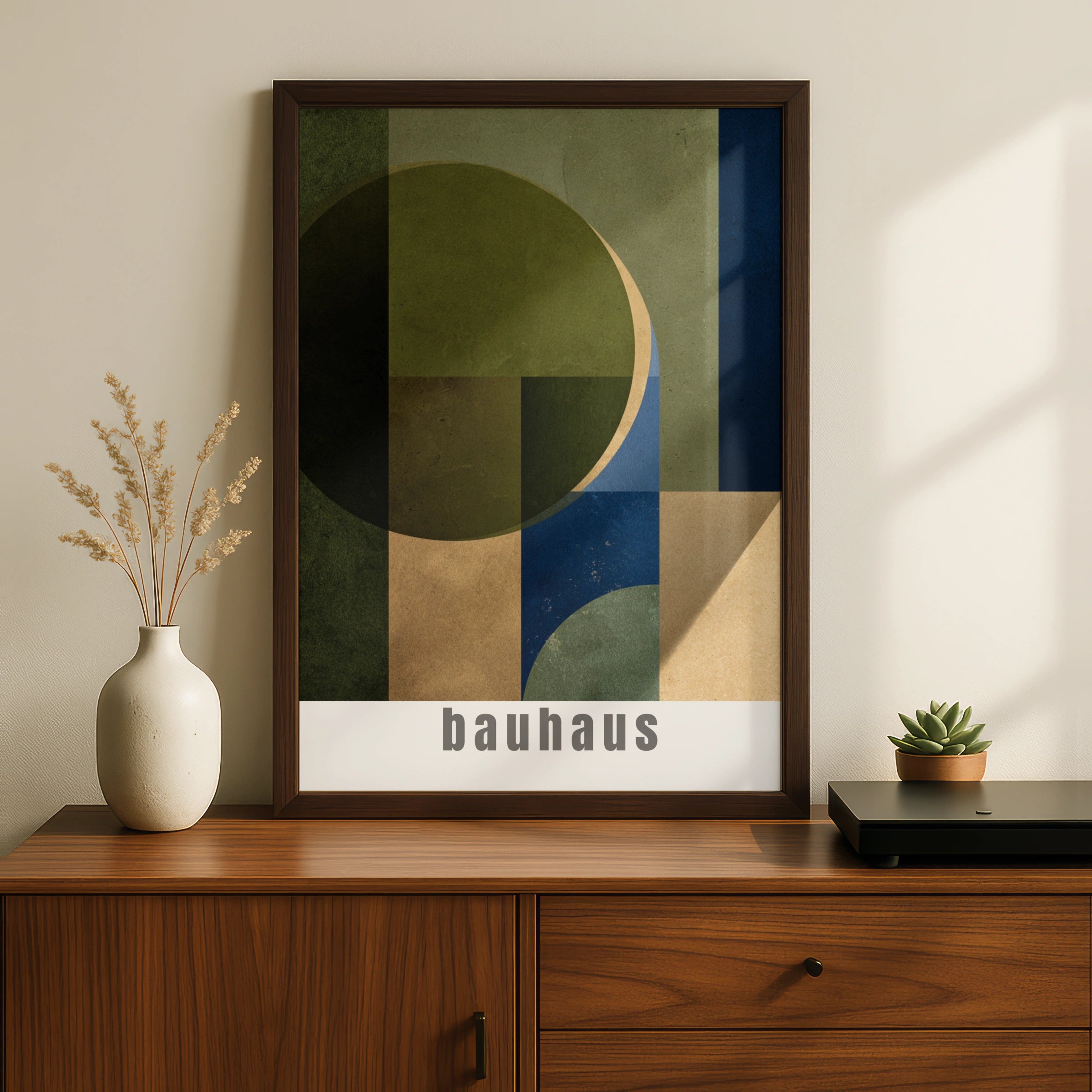 Bauhaus Geometric Poster, Olive Green Blue Beige Wall Art, Mid Century Modern Print