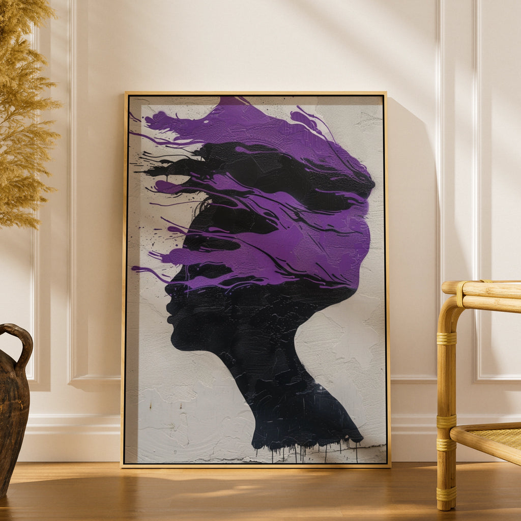 Banksy Style | Purple Black Woman Silhouette Poster, Abstract Female Face Wall Art Print