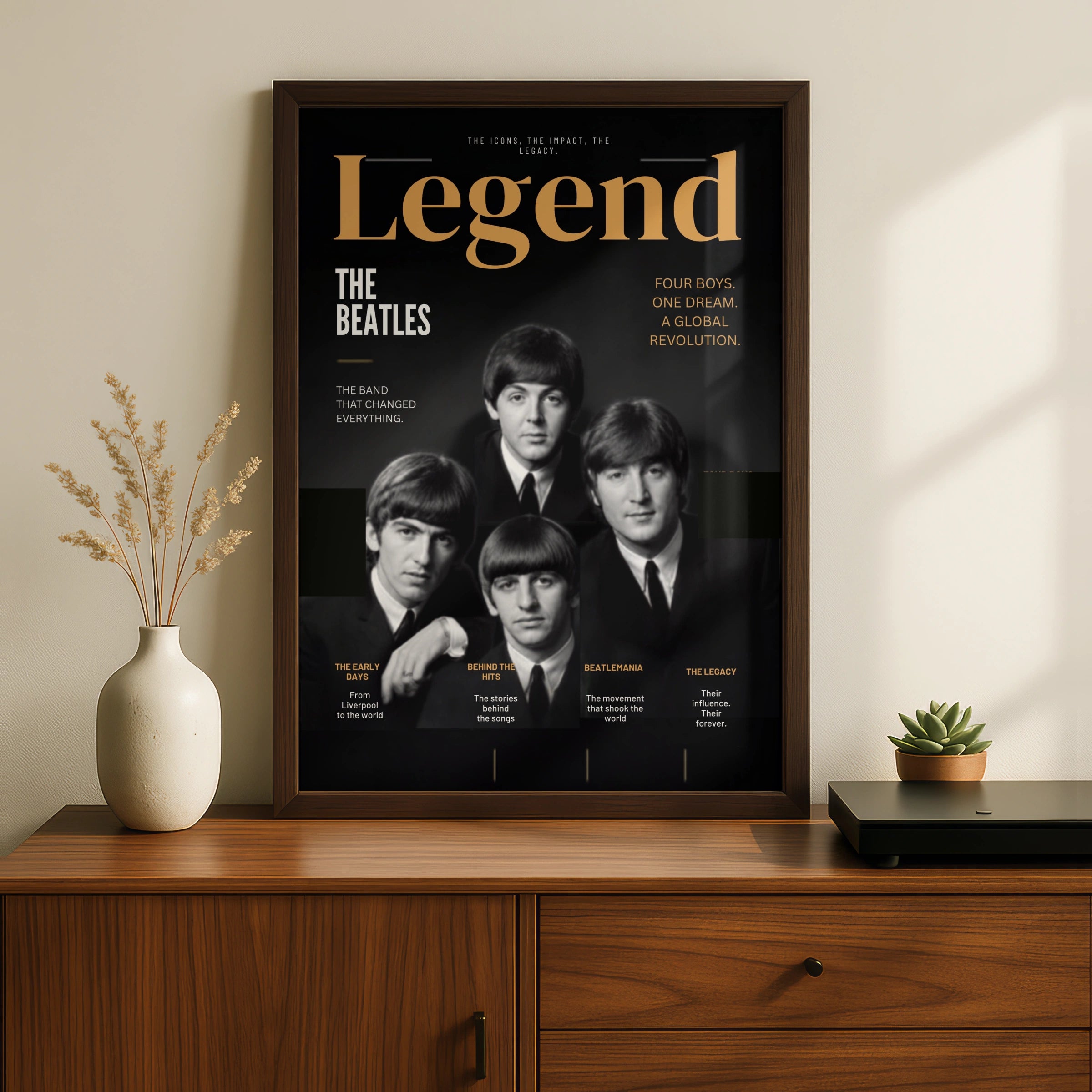 Beatles Legend Poster, Rock Music Wall Art, Black Gold Print, Music Icon Decor