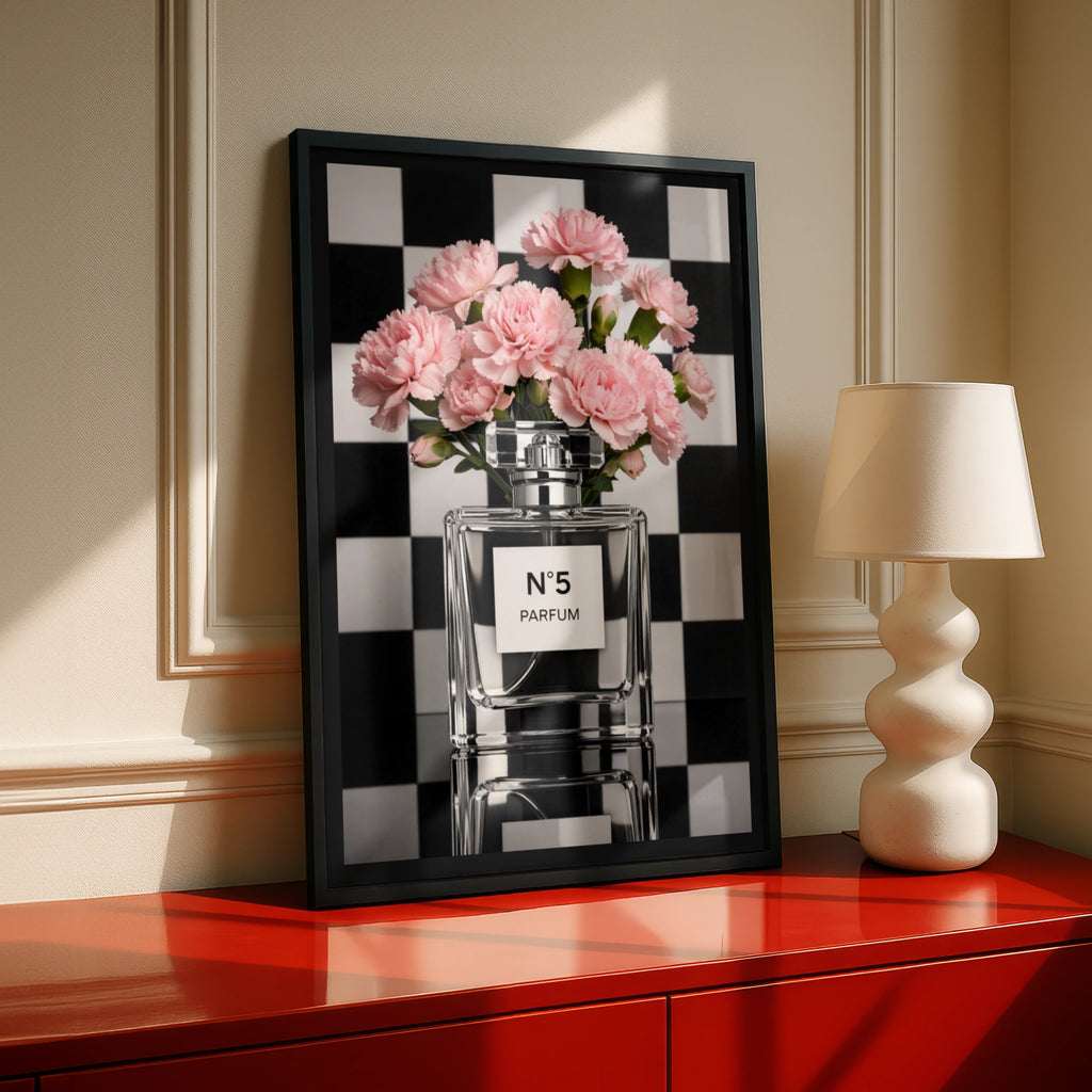 No5 Perfume Bottle Pink Carnation Poster, Chic Fashion Wall Art, Checkerboard Print