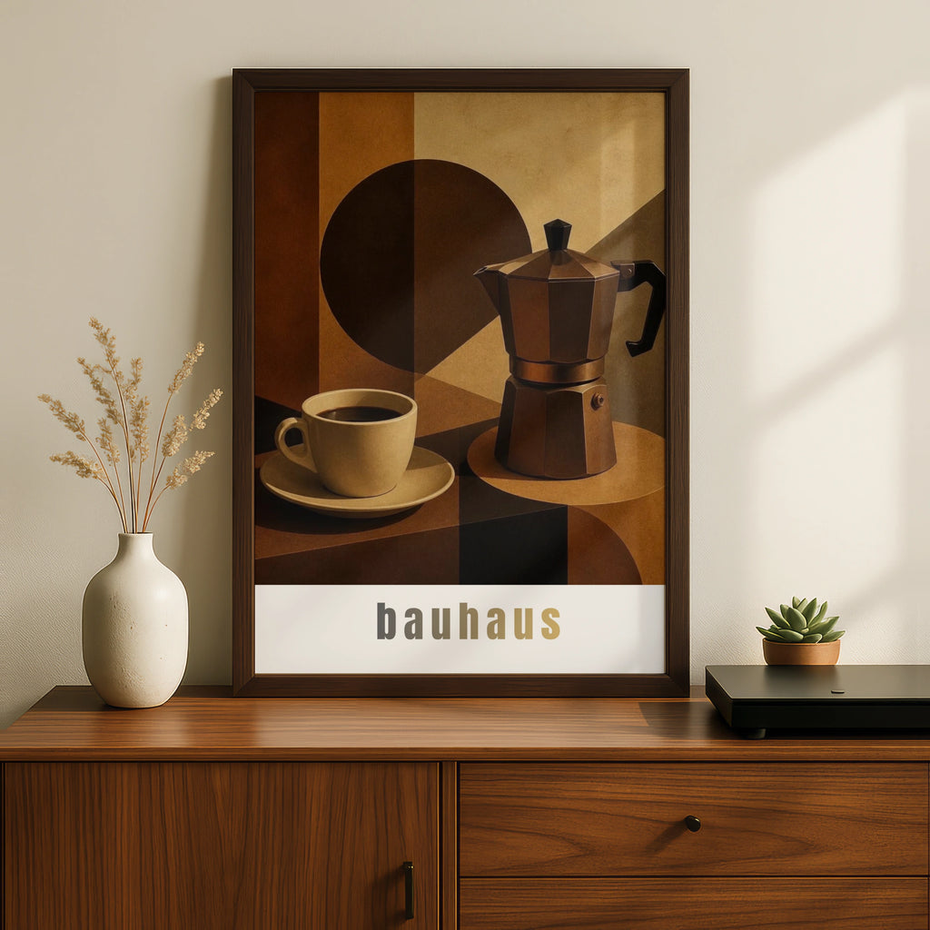 Bauhaus Coffee Poster, Moka Pot Wall Art, Brown Geometric Kitchen Print, Retro Cafe Decor