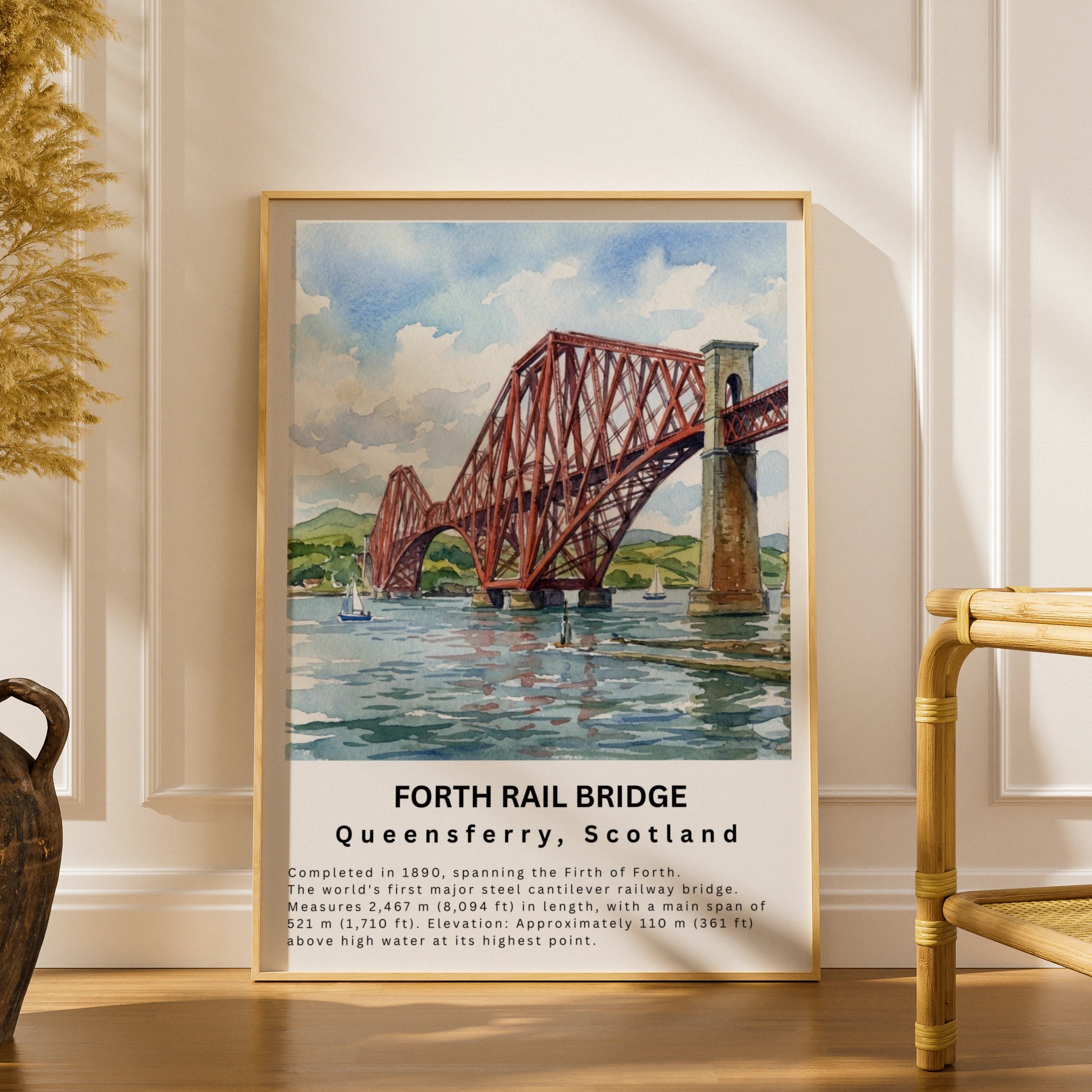 Forth Rail Bridge Poster, Queensferry Scotland Watercolour Wall Art Print