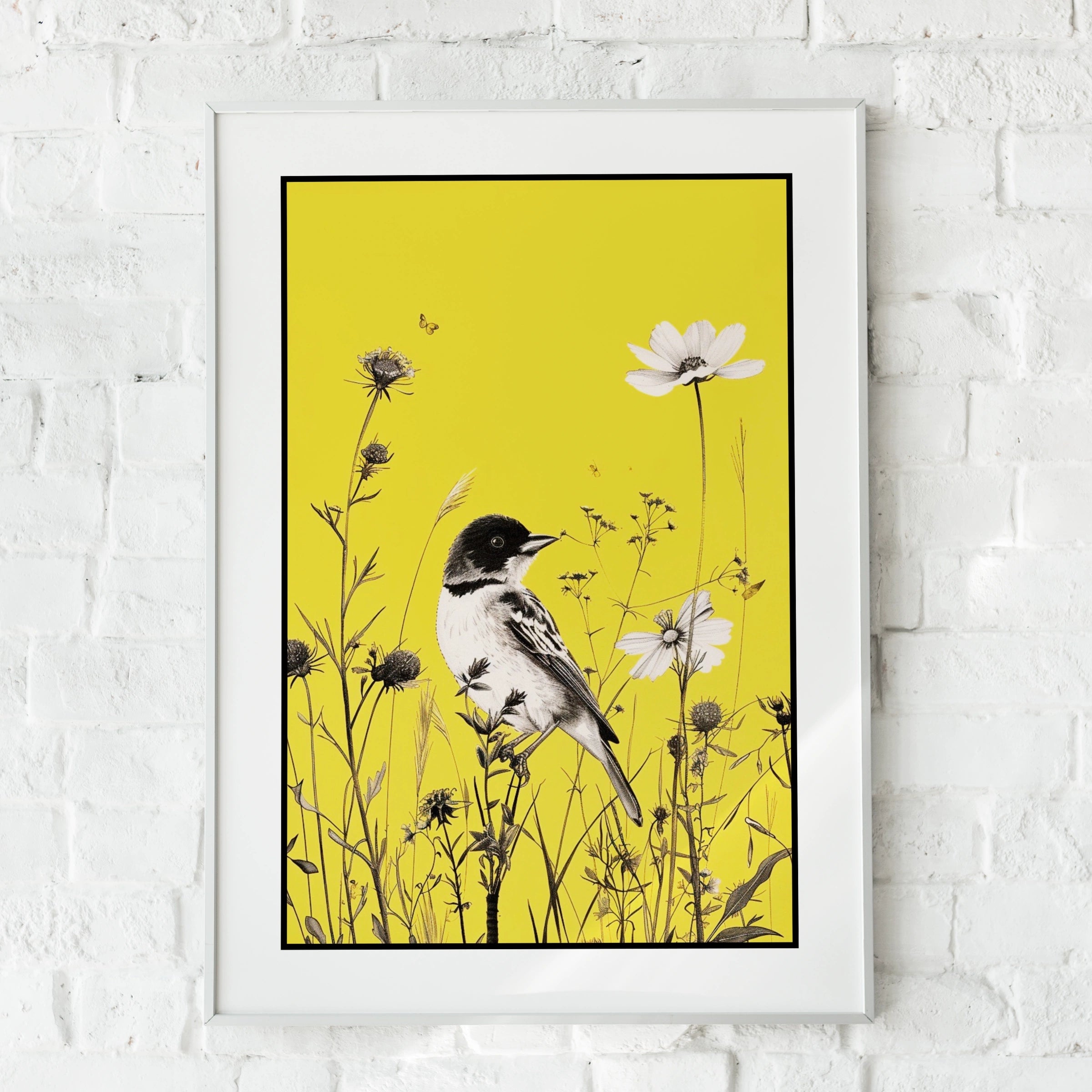Botanical Wall Art | Yellow Bird Wildflower Poster, Nature Print