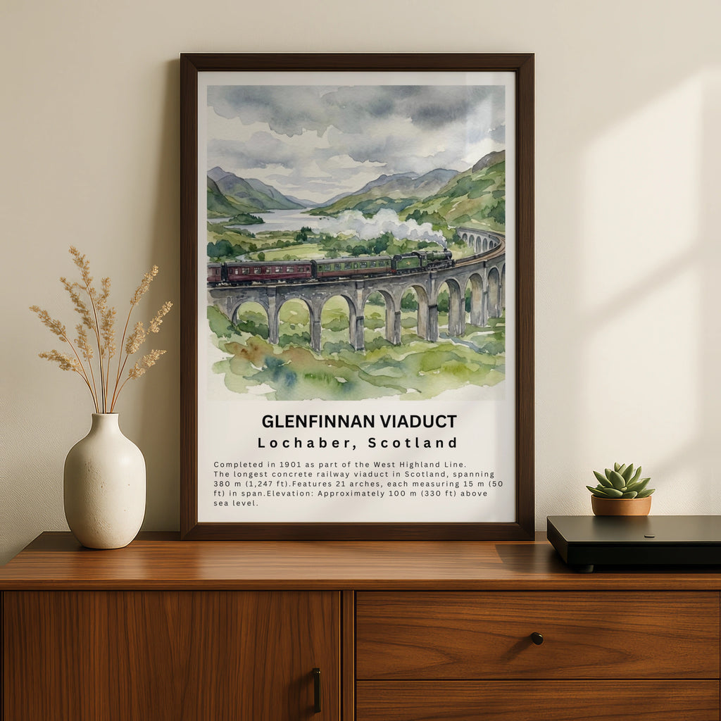 Glenfinnan Viaduct Poster, Scotland Steam Train Wall Art, NC500 Watercolour Print