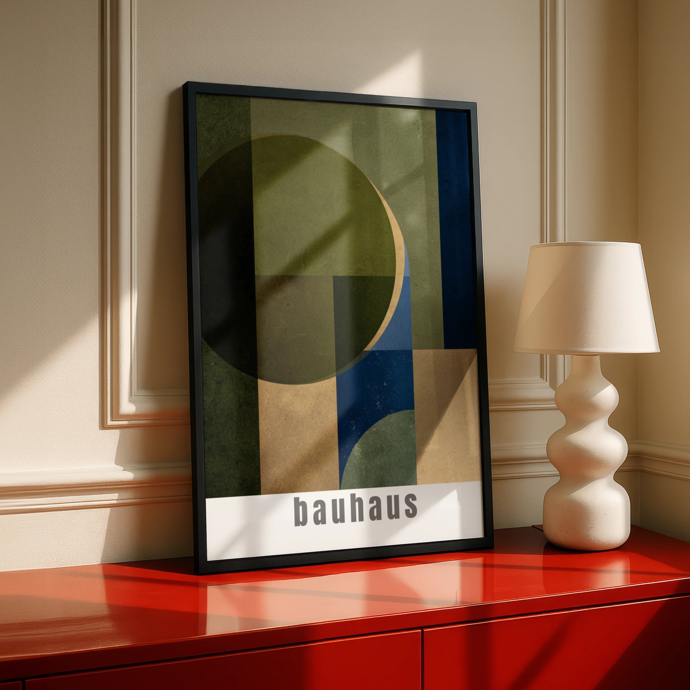 Bauhaus Geometric Poster, Olive Green Blue Beige Wall Art, Mid Century Modern Print