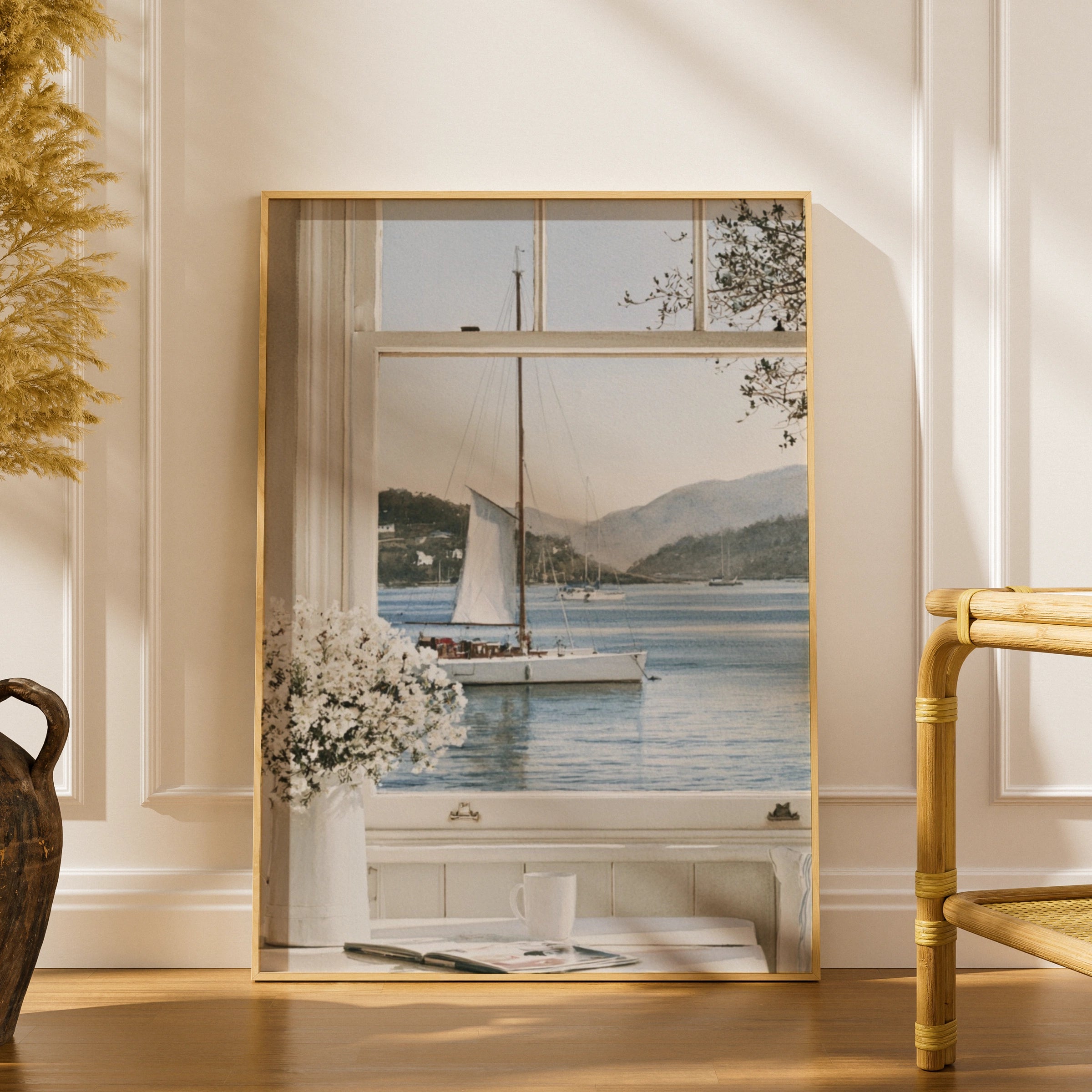 Watercolour Window Sailboat Print, Coastal Bay Wall Art, Nautical Poster, Cottage