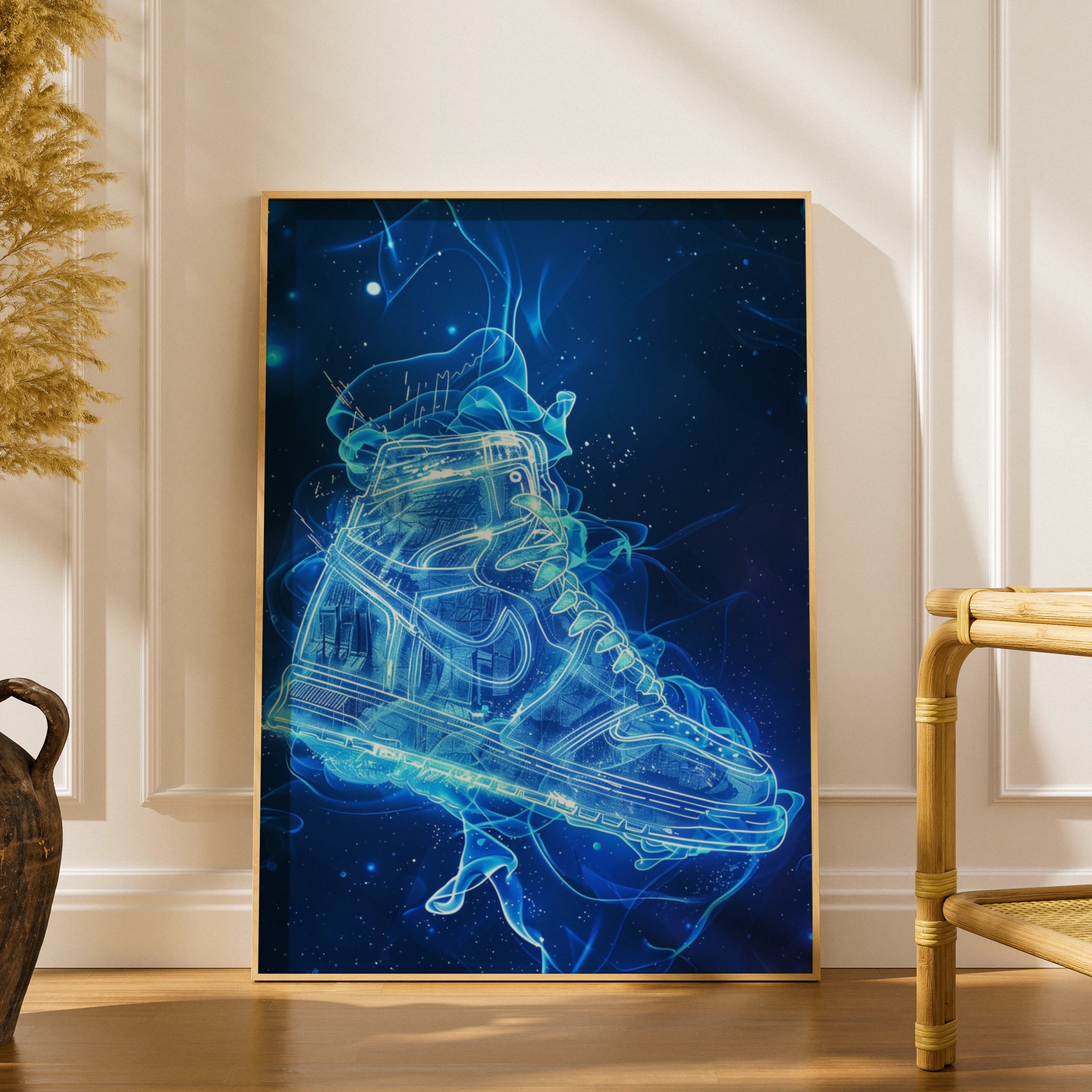 Futuristic Sneaker Neon Blue Art Print, Trainer Poster, Streetwear Wall Art Gift