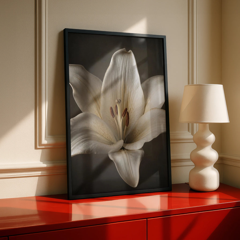 White Lily Flower Poster, Botanical Wall Art, Moody Floral Print, Dark Background