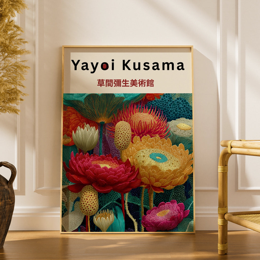 Yayoi Kusama Inspired Floral Poster, Botanical Wall Art, Burgundy Dot Print