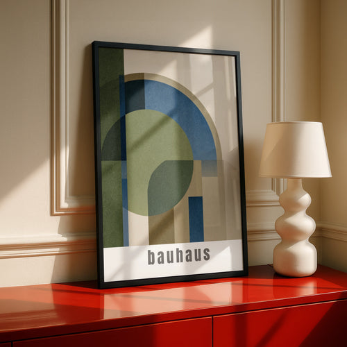 Bauhaus Geometric Art Print, Natural Tones, Green Blue Beige Abstract Wall Poster