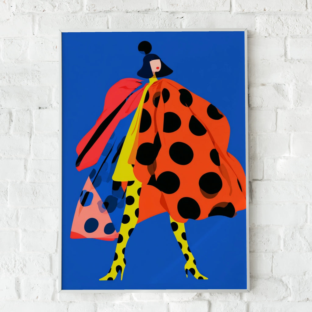 Polka Dot Fashion Poster, Bold Blue Wall Art, Colourful Woman Print, Maximalist Decor