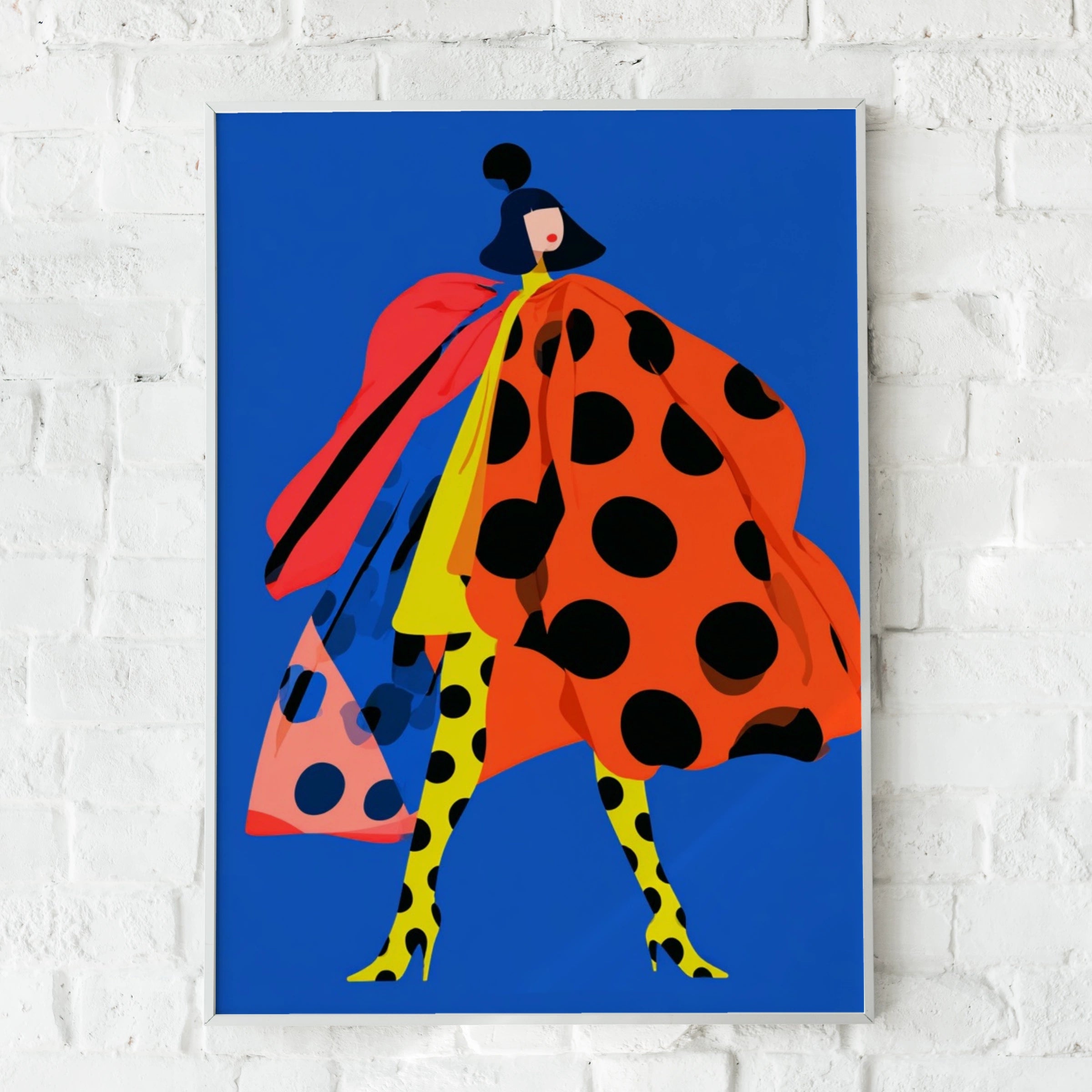 Polka Dot Fashion Poster, Bold Blue Wall Art, Colourful Woman Print, Maximalist Decor