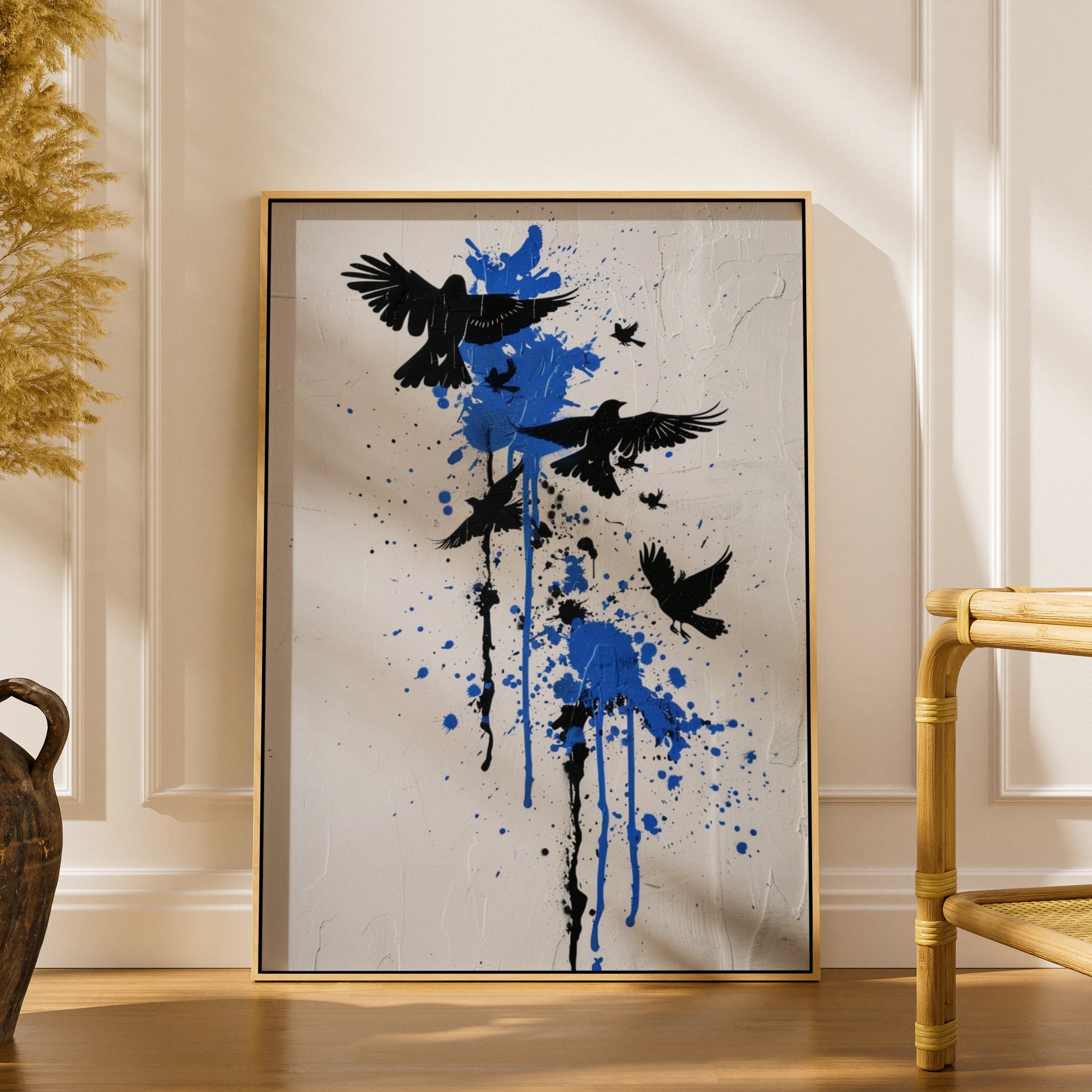 Banksy Style Graffiti Wall Art | Freedom Birds Wall Art, Black Crow Silhouette Blue Paint Splatter Street Art Poster