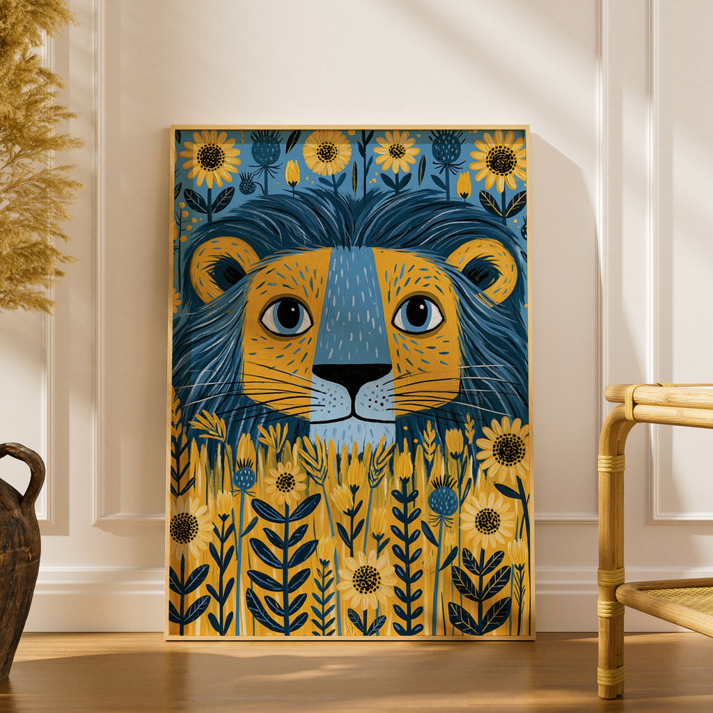 Kids Lion Poster, Floral Folk Art Print, Blue Yellow Nursery Wall Art, Children's Room Decor