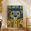 Kids Lion Poster, Floral Folk Art Print, Blue Yellow Nursery Wall Art, Children's Room Decor