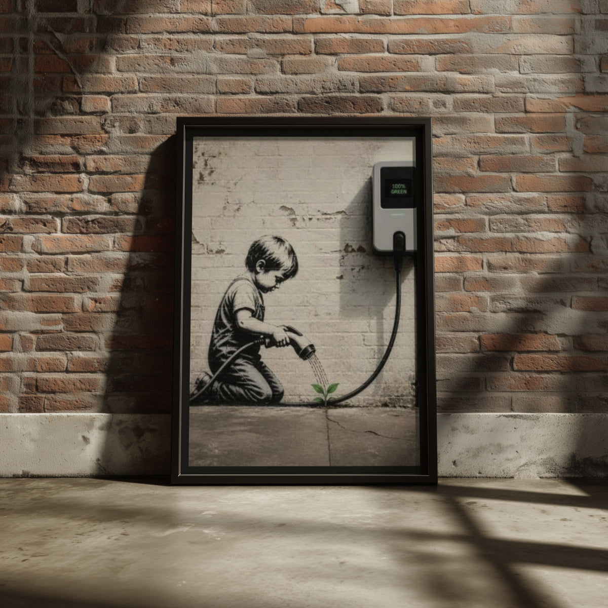 Banksy Style Street Art Poster, EV Charger Child Watering Plant, Urban Wall Art Print