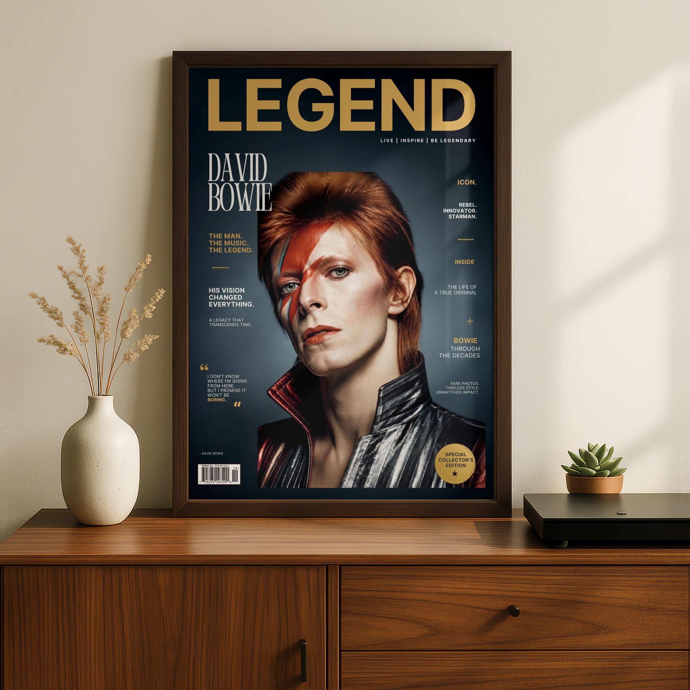 David Bowie Legend Magazine Cover Poster, Ziggy Stardust Wall Art, Music Icon Print