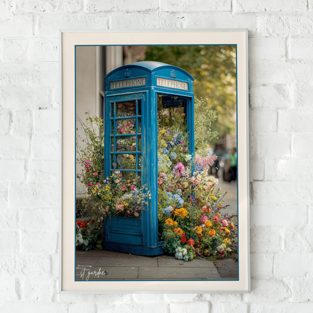 Blue London Phone Box Floral Poster, British Telephone Box Wall Art Print