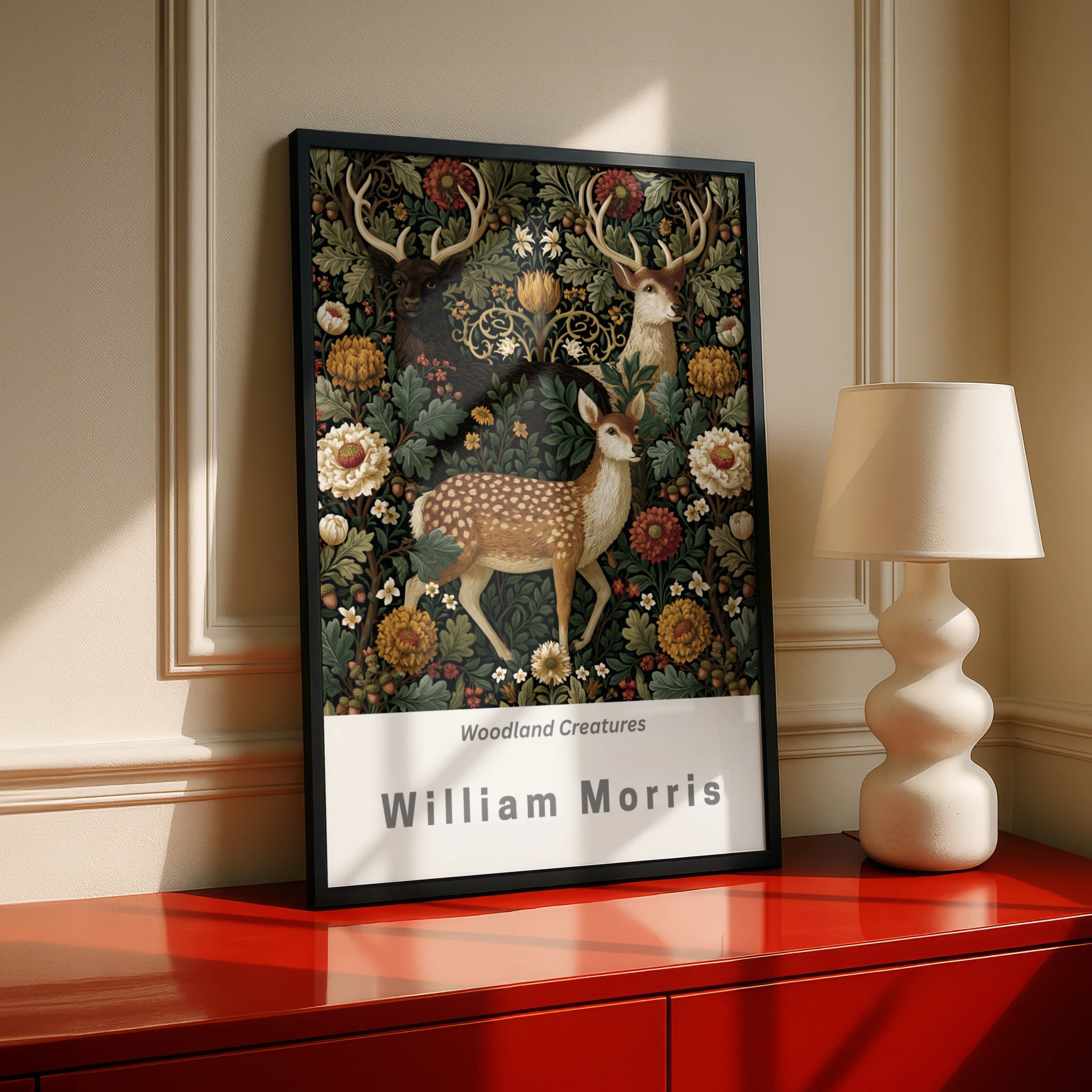 William Morris Deer Poster, Woodland Creatures Wall Art, Floral Stag Print, Dark Botanical