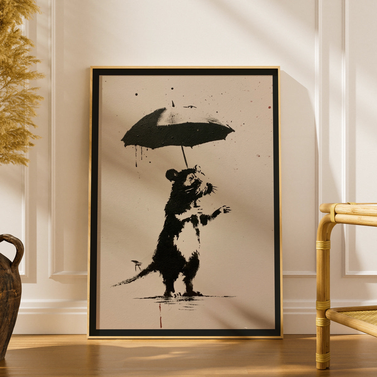 Rat With Umbrella Street Art Poster, Banksy Style Black White Urban Wall Art Print