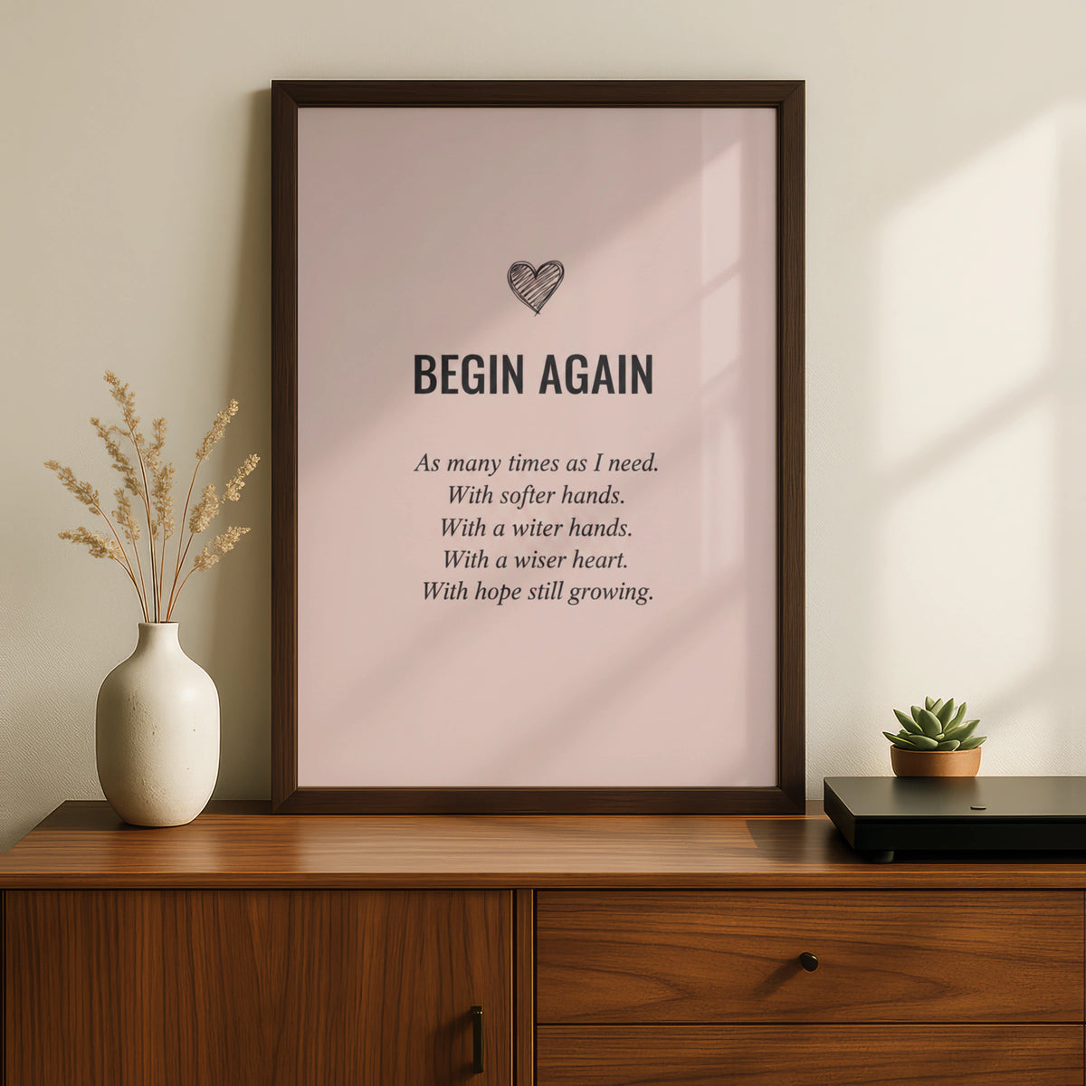 Begin Again Inspirational Quote Poster, Blush Pink Motivational Wall Art Print