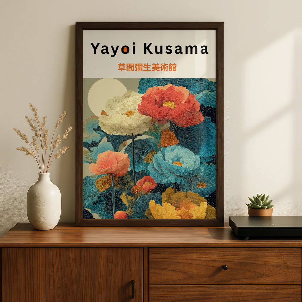 Yayoi Kusama Floral Poster, Japanese Botanical Wall Art, Teal Orange Flower Print