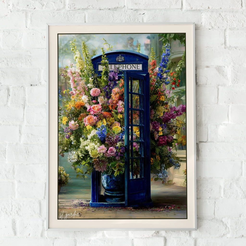 Blue British Phone Box Floral Poster, London Telephone Box Wall Art Print